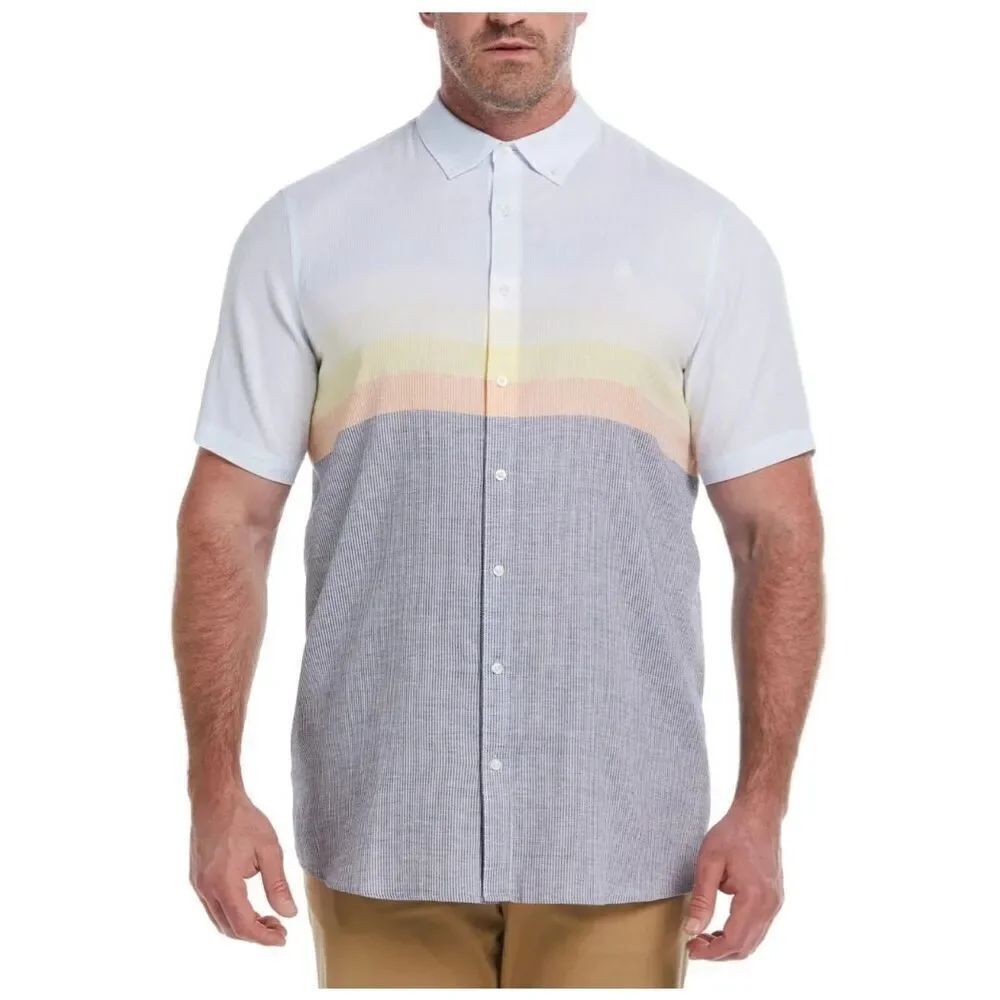 Penguin by Munsingwear Men's Shirt Short Sleeve Blue Orange Yellow Horizonal Sz